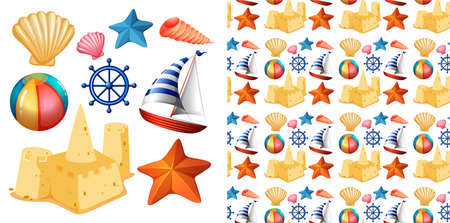 Seamless background design with isolated set of beach objects illustration