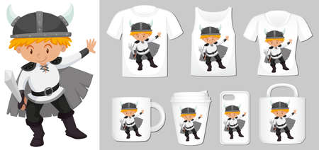 Graphic of viking knight on different types of product template illustration