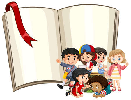 Blank sign template with kids and book illustrationのイラスト素材