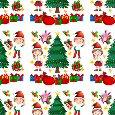 Seamless background design with children and christmas tree illustrationのイラスト素材