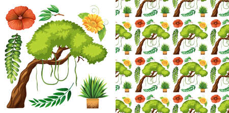Set of seamless background design with isolated objects theme - nature illustrationのイラスト素材