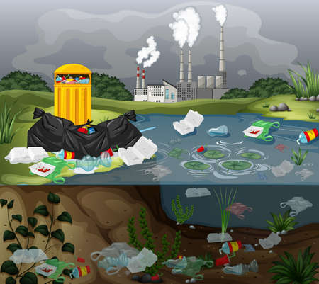 Water pollution with plastic bags in river illustrationのイラスト素材