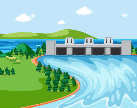 Scene with forest and dam illustrationのイラスト素材