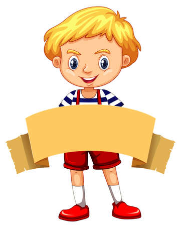 Happy boy and brown banner illustrationのイラスト素材