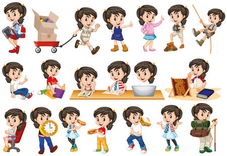 Girl with happy face in different actions illustrationのイラスト素材