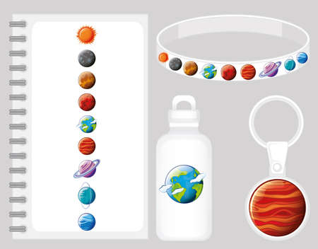 Space graphic design on different products illustration