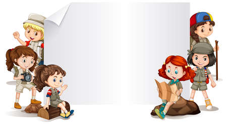 Banner template design with children in outdoor costume illustrationのイラスト素材