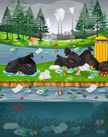 Water pollution with plastic bags in  park illustrationのイラスト素材