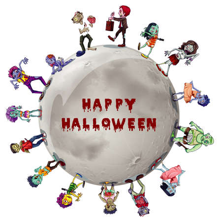 Halloween theme with zombies around the moon illustrationのイラスト素材