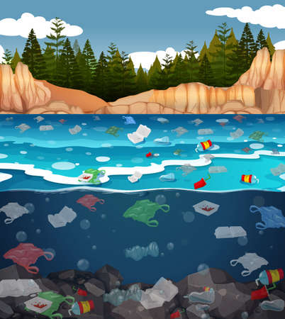 Water pollution with plastic bags in ocean illustrationのイラスト素材