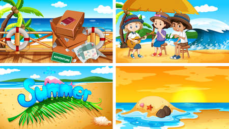 Four background scenes with summer on the beach illustrationのイラスト素材