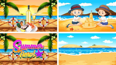 Four background scenes with summer on the beach illustrationのイラスト素材