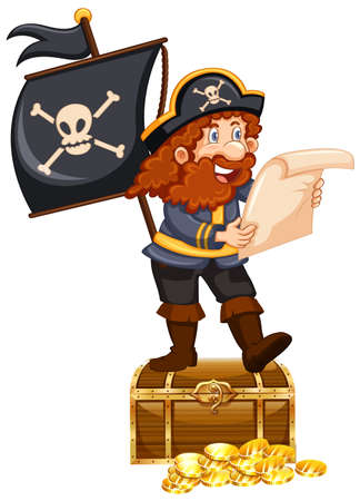 Pirate and gold coins on white background illustrationのイラスト素材