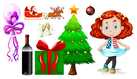 Girl and other christmas objects on white background illustrationのイラスト素材