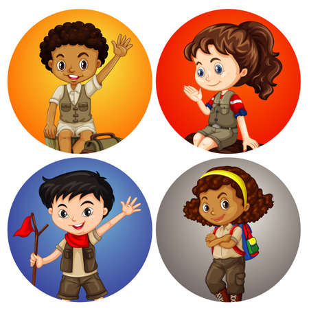 Four kids in safari costume illustrationのイラスト素材