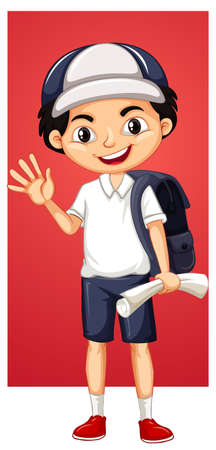 Happy boy with backpack and paper illustrationのイラスト素材