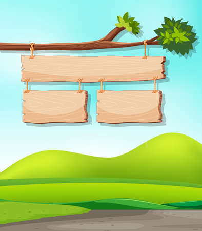Wooden signs on branch with nature background illustrationのイラスト素材