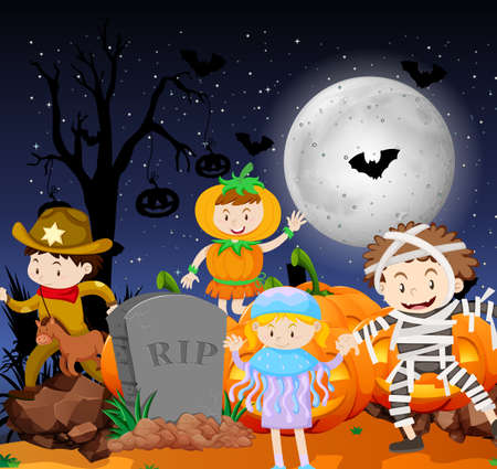Halloween theme with kids in costumes illustrationのイラスト素材