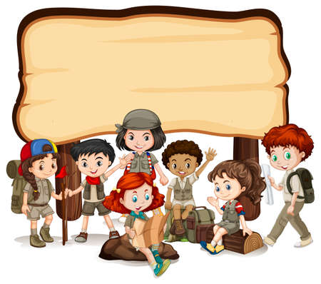 Blank sign template with kids and wooden sign illustrationのイラスト素材