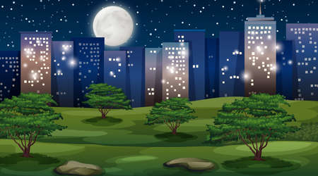 Cityscape at night with park in foreground illustrationのイラスト素材
