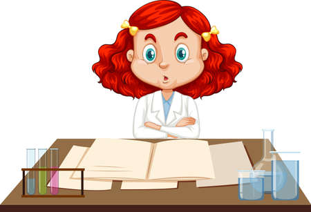Scientist working on the desk with many notes illustrationのイラスト素材