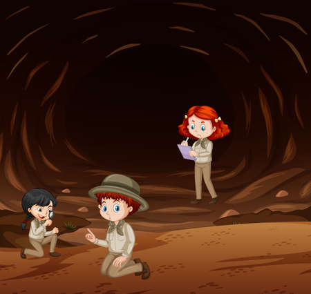 Three kids exploring nature in the cave illustrationのイラスト素材