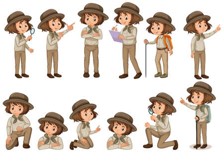 Set of girl in safari outfit doing different poses illustrationのイラスト素材