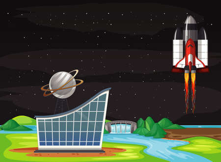 Scene with spaceship flying in the sky illustrationのイラスト素材