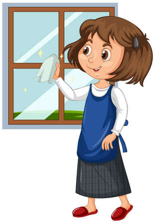 Girl cleaning window on isolated background illustrationのイラスト素材