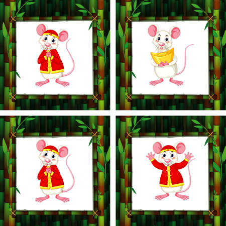 Cute rats in four different bamboo frames illustrationのイラスト素材