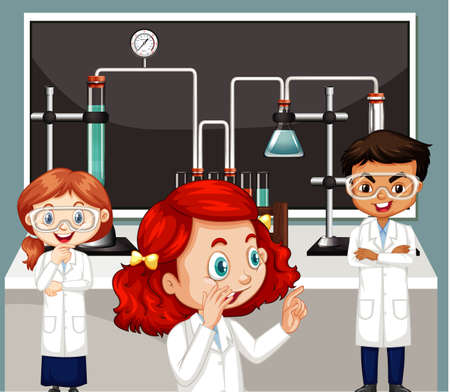 Classroom scene with three science students doing lab illustration