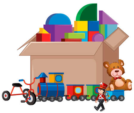 Cardboard box full of toys on white background illustrationのイラスト素材