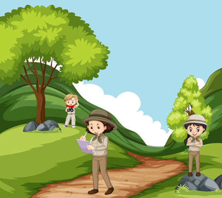 Scene with three children exploring nature in the park illustrationのイラスト素材