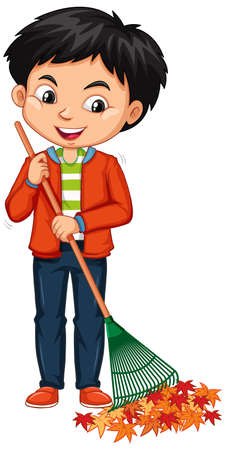Boy raking leaves on white background illustrationのイラスト素材