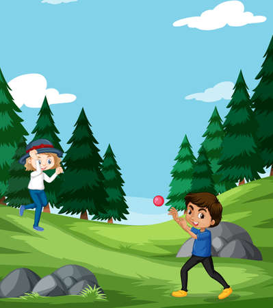Scene with boy and girl playing ball in the park illustrationのイラスト素材