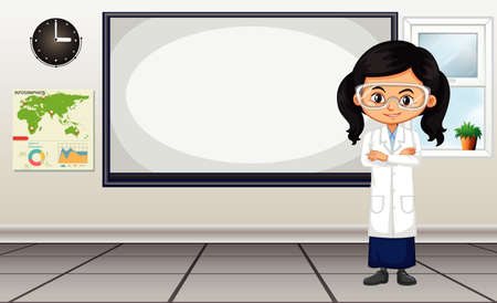 Classroom scene with science student standing by the board illustrationのイラスト素材