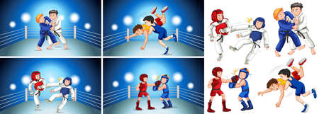 Four scenes of people doing different martial arts illustrationのイラスト素材