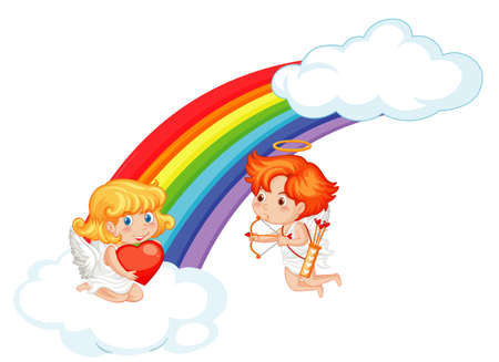 Valentine theme with cupids flying around the rainbow illustrationのイラスト素材
