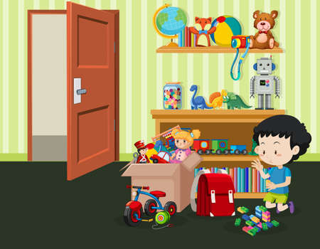Scene with boy playing toys in the room illustrationのイラスト素材