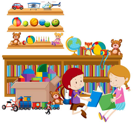 Shelf full of books and toys on white background illustrationのイラスト素材