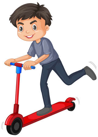 Cute boy playing scooter on white background illustrationのイラスト素材