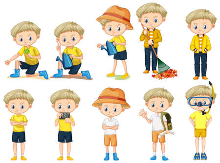 Set of cute boy doing different activities on white background illustrationのイラスト素材