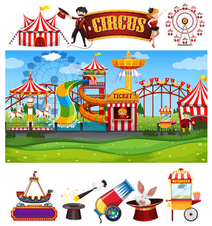 Circus scene with many rides and sign template illustrationのイラスト素材