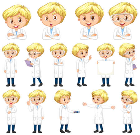 Boy in lab gown in different poses on whiteのイラスト素材