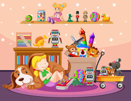 Scene with girl and dog in the room illustrationのイラスト素材