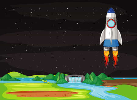 Scene with spaceship flying in the sky illustration