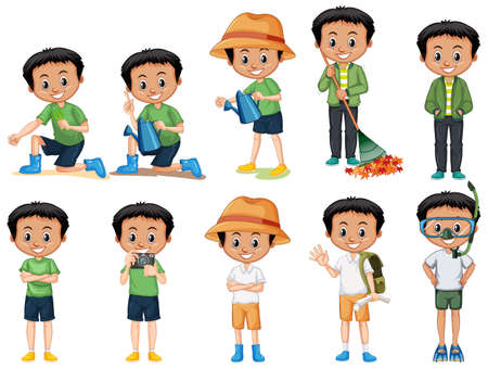 Boy with black hair doing different activities on white background illustrationのイラスト素材