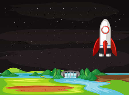 Scene with spaceship flying in the sky illustration