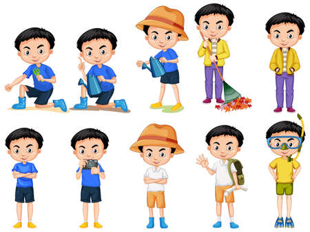 Set of cute boy doing different actions illustrationのイラスト素材