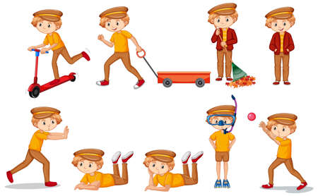 Set of boy in yellow shirt doing many activities illustrationのイラスト素材